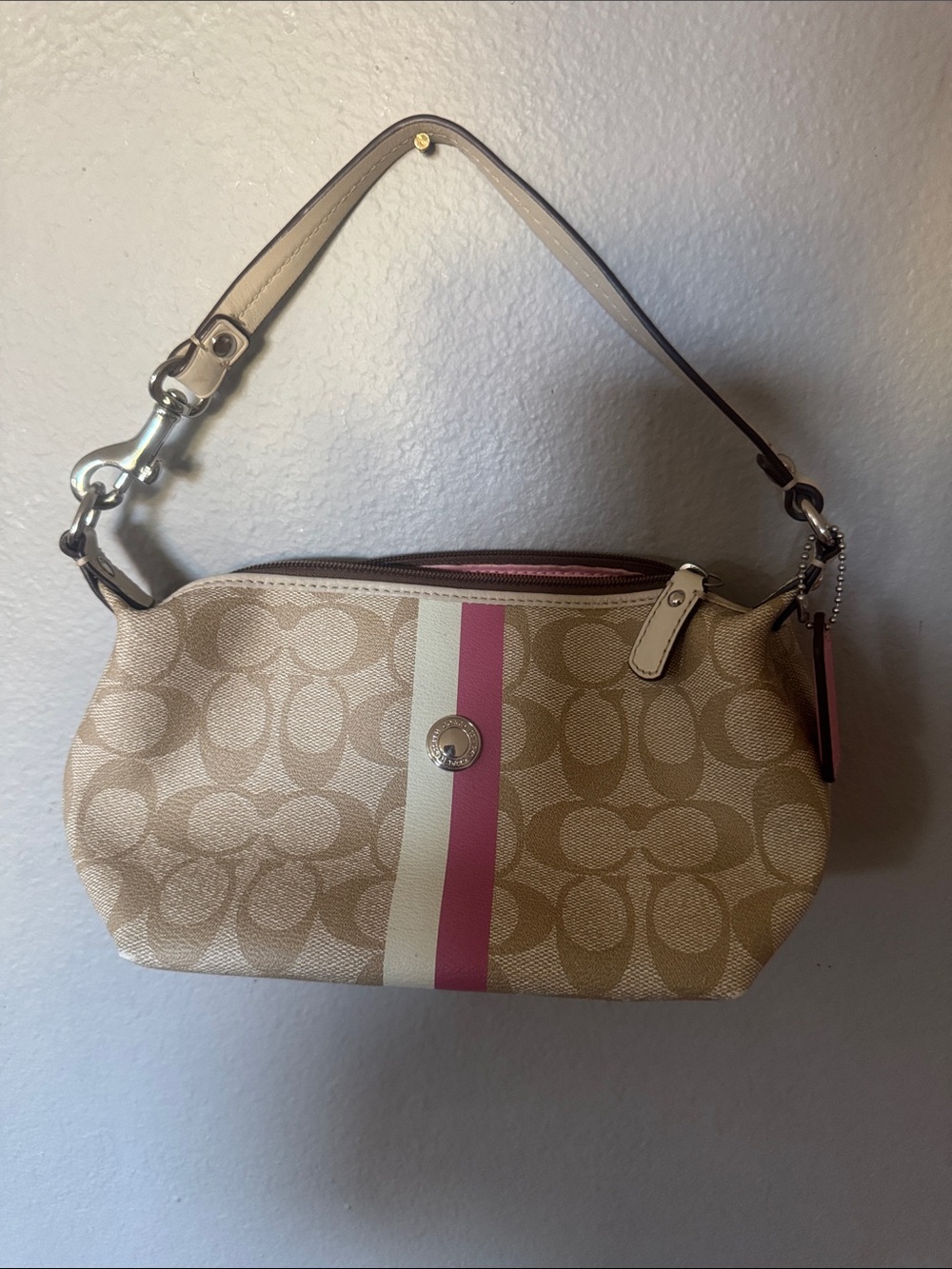 Coach Beige Canvas Handbag with Pink Accent